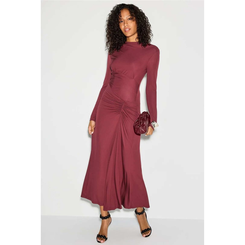 SIMKHAI Ferrera Maxi Dress Burgundy Ruched Draped Long Sleeve Women Size 6